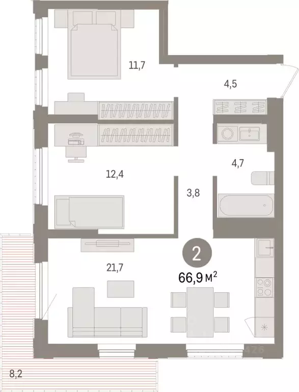 2-к кв. Липецкая область, Липецк пл. Петра Великого, 1 (66.9 м) - Фото 1