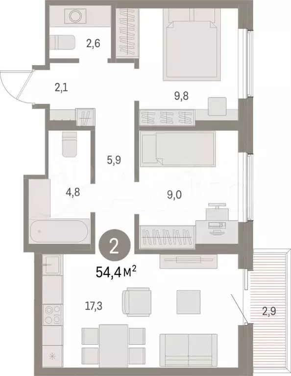 2-к. квартира, 54,4 м, 4/15 эт. - Фото 1