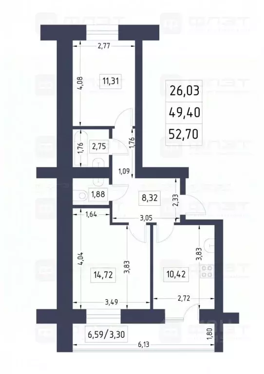 2-к кв. Татарстан, Казань ул. Фикрята Табеева, 1 (53.0 м) - Фото 2