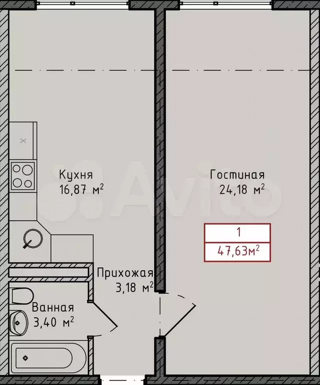 1-к. квартира, 47,6 м, 5/8 эт. - Фото 1