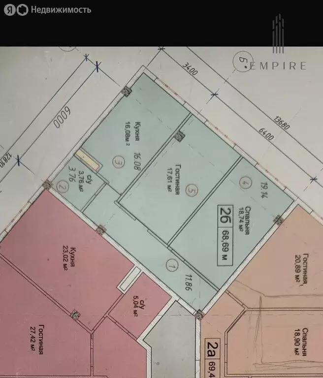 2-комнатная квартира: Грозный, улица Эсет Кишиевой, 28 (68.69 м) - Фото 1