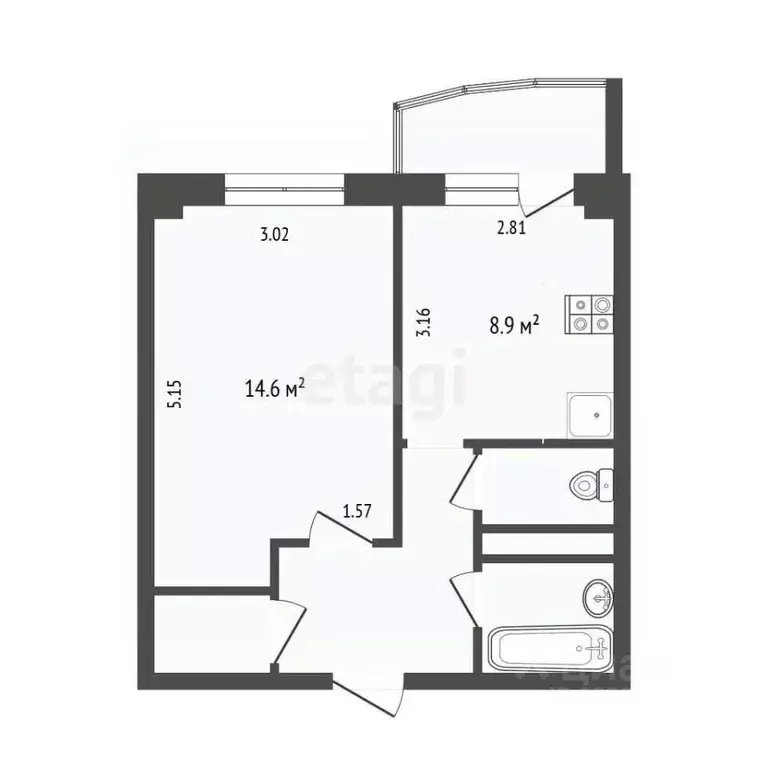 1-к кв. Ханты-Мансийский АО, Сургут Югорская ул., 5/4 (34.4 м) - Фото 1