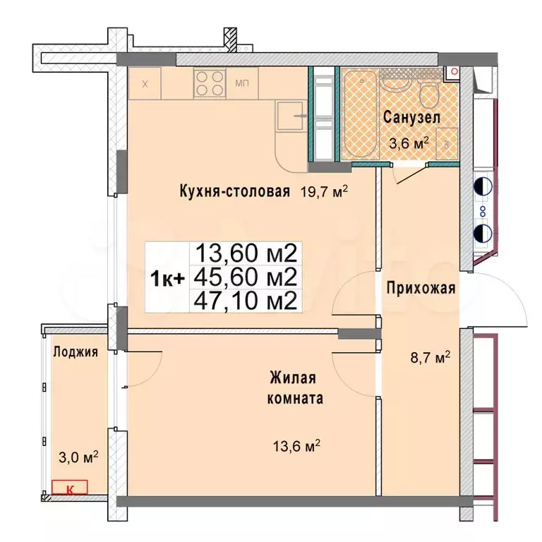 1-к. квартира, 45,6 м, 12/12 эт. - Фото 0