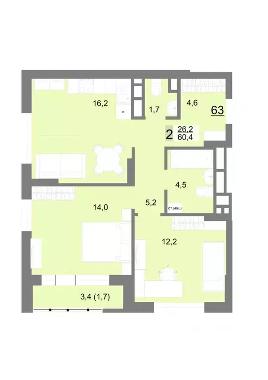 2-к кв. Свердловская область, Екатеринбург ул. Шаумяна, 77 (60.1 м) - Фото 0