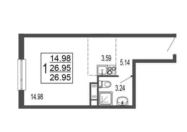 Квартира-студия: Лыткарино, 6-й микрорайон, 15Д (26.95 м) - Фото 1