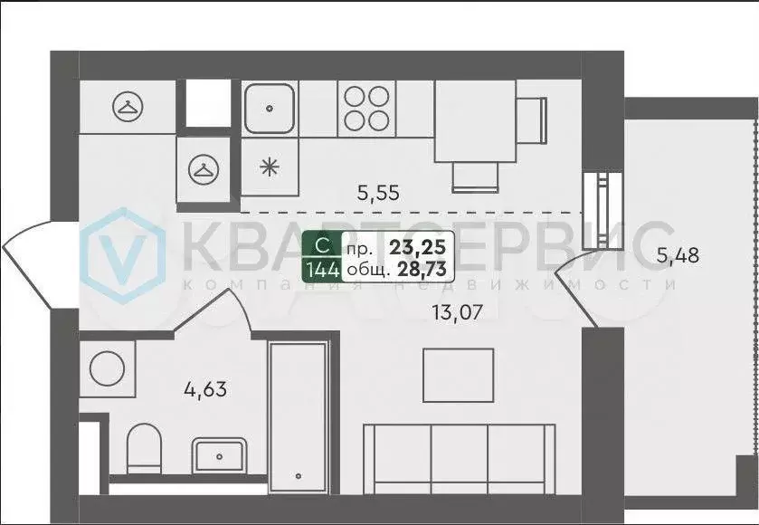 Квартира-студия, 28,7 м, 4/5 эт. - Фото 1