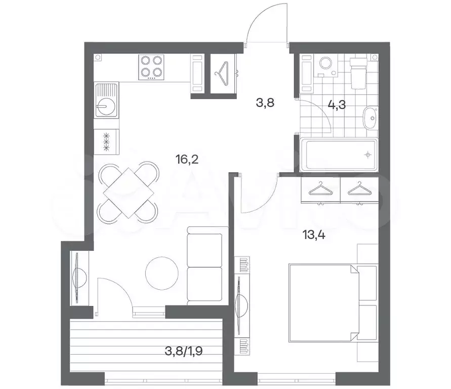 1-к. квартира, 39,6 м, 7/9 эт. - Фото 1
