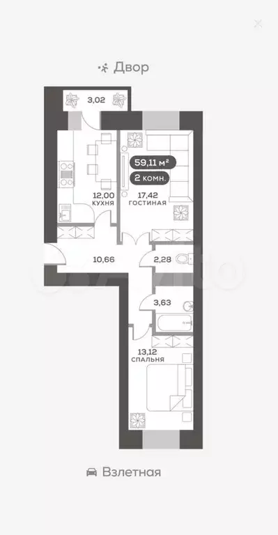 2-к. квартира, 59,1 м, 7/9 эт. - Фото 1