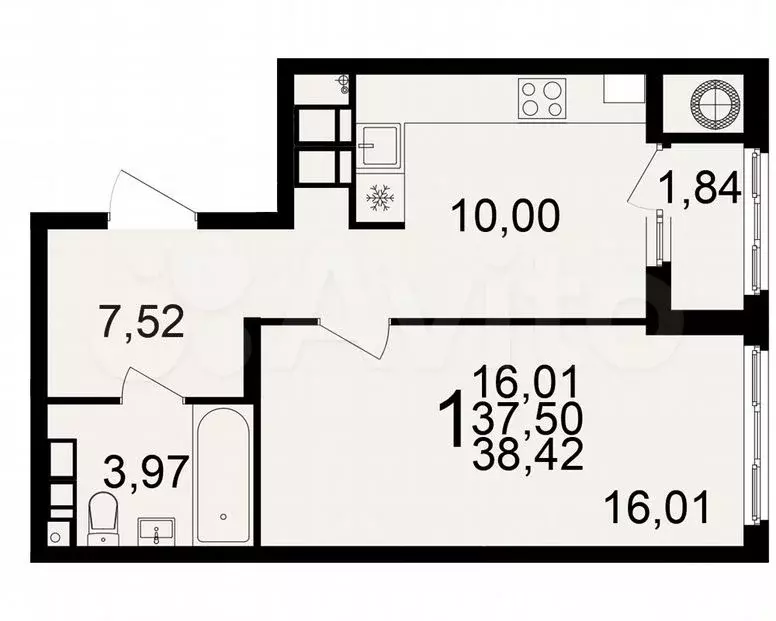 1-к. квартира, 38,4 м, 10/25 эт. - Фото 1