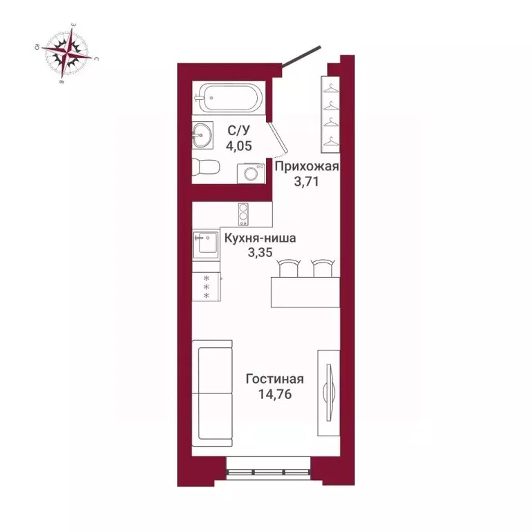 Студия Новосибирская область, Новосибирск ул. Державина, 50 (25.87 м) - Фото 0