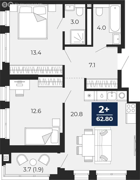 2-комнатная квартира: Тюмень, Ленинский округ (62.75 м) - Фото 0