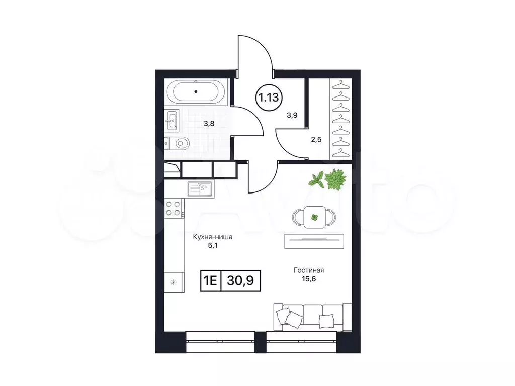 Квартира-студия, 30,9 м, 4/17 эт. - Фото 0