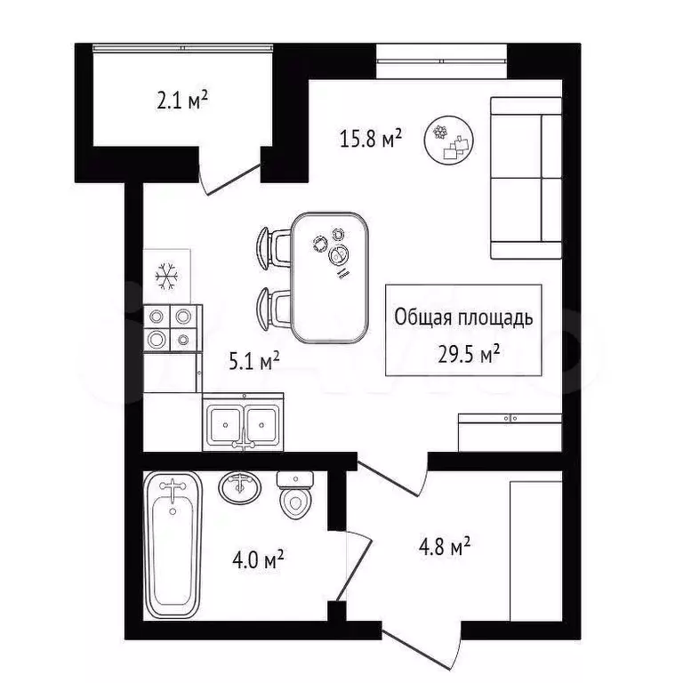 Квартира-студия, 29,5 м, 4/15 эт. - Фото 0