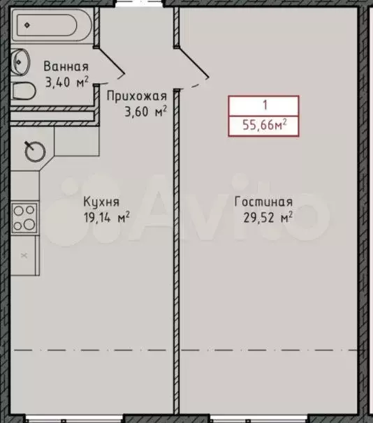1-к. квартира, 55,7 м, 5/8 эт. - Фото 1