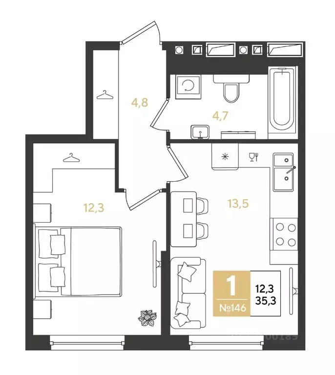 1-к кв. Краснодарский край, Краснодар Самолет кв-л,  (35.3 м) - Фото 1