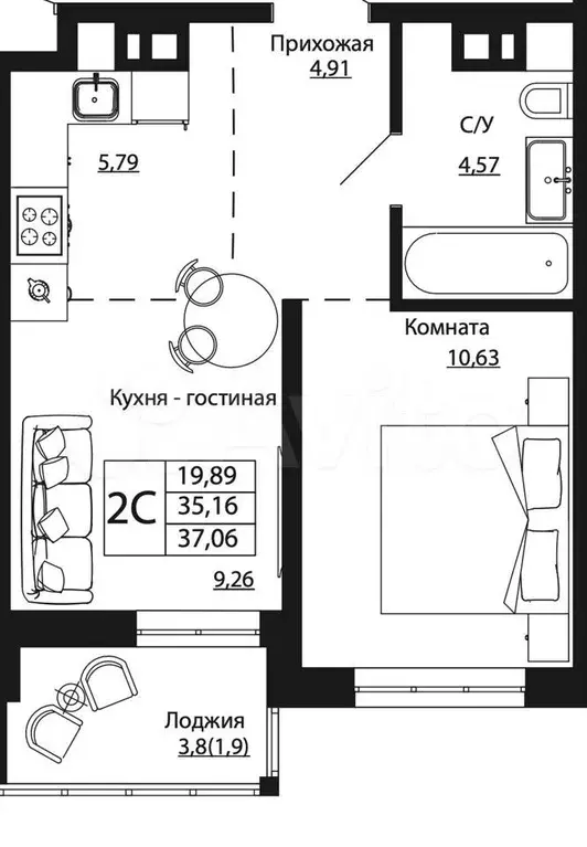 2-к. квартира, 37,1 м, 3/24 эт. - Фото 1