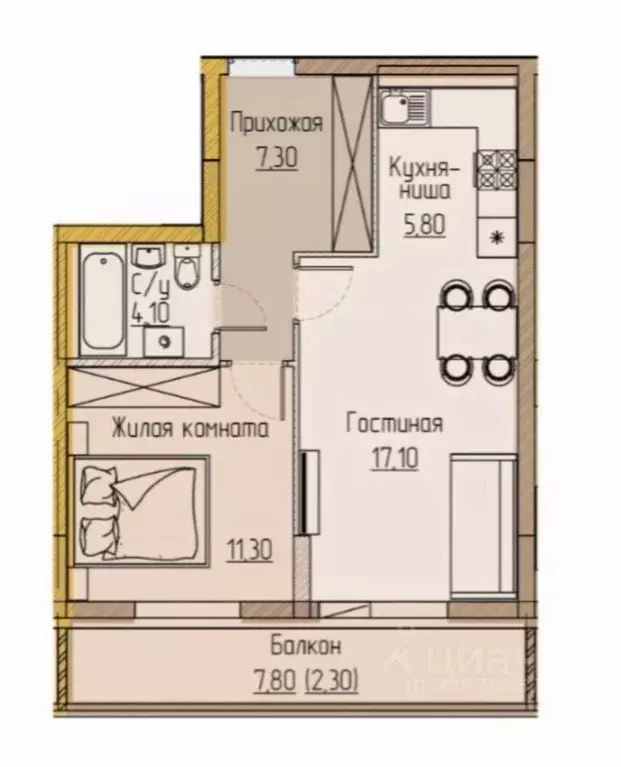 1-к кв. Татарстан, Казань ул. Четаева, 43А (41.5 м) - Фото 2