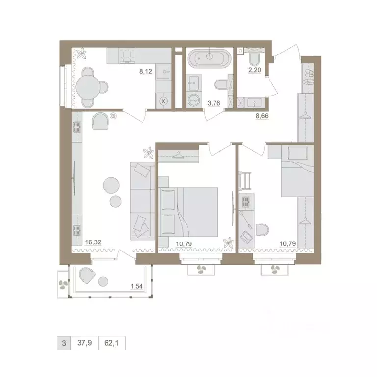 3-к кв. Башкортостан, Уфа бул. Яркий (61.45 м) - Фото 1