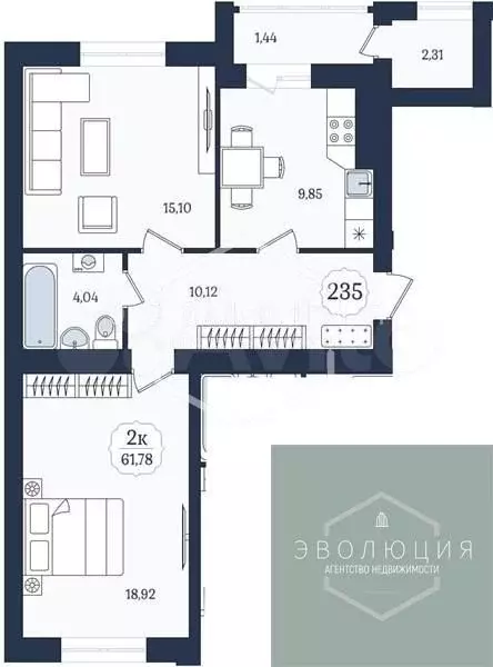 2-к. квартира, 61,8 м, 2/9 эт. - Фото 0