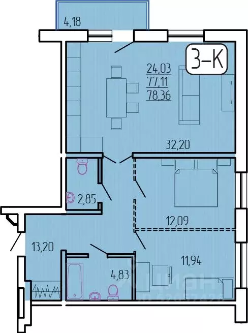 3-к кв. Бурятия, Улан-Удэ 129-й мкр,  (78.36 м) - Фото 1