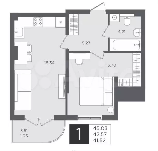 1-к. квартира, 45 м, 2/4 эт. - Фото 1