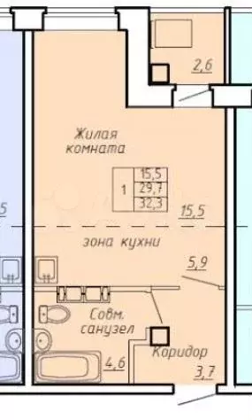 Квартира-студия, 32,3 м, 6/9 эт. - Фото 0