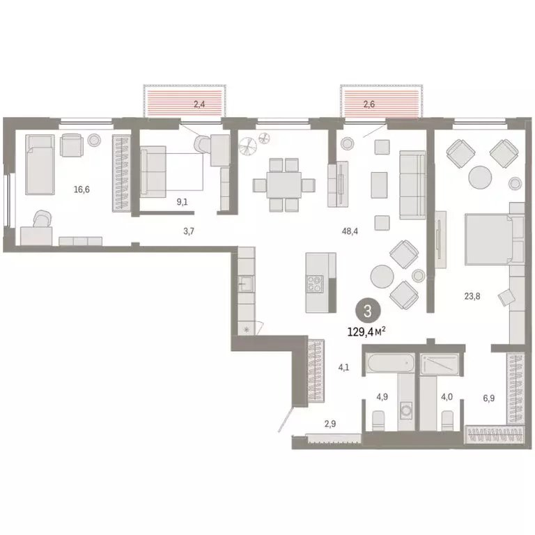 3-комнатная квартира: Тюмень, Мысовская улица, 26к2 (129.44 м) - Фото 1
