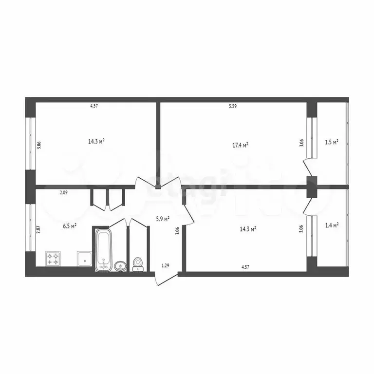 3-к. квартира, 62,4 м, 1/5 эт. - Фото 0