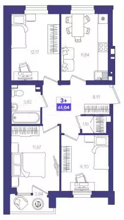 3-к. квартира, 61 м, 1/9 эт. - Фото 1