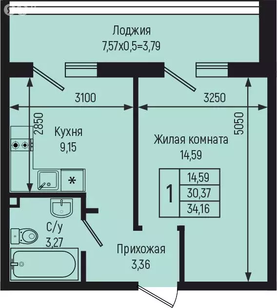 1-комнатная квартира: село Небуг, квартал Спортивный (34.16 м) - Фото 0