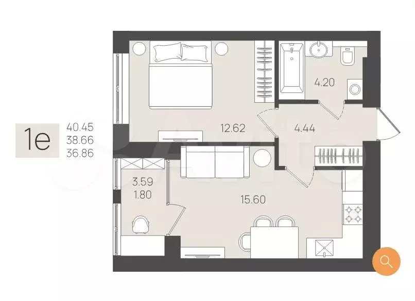 1-к. квартира, 40,5 м, 5/5 эт. - Фото 1