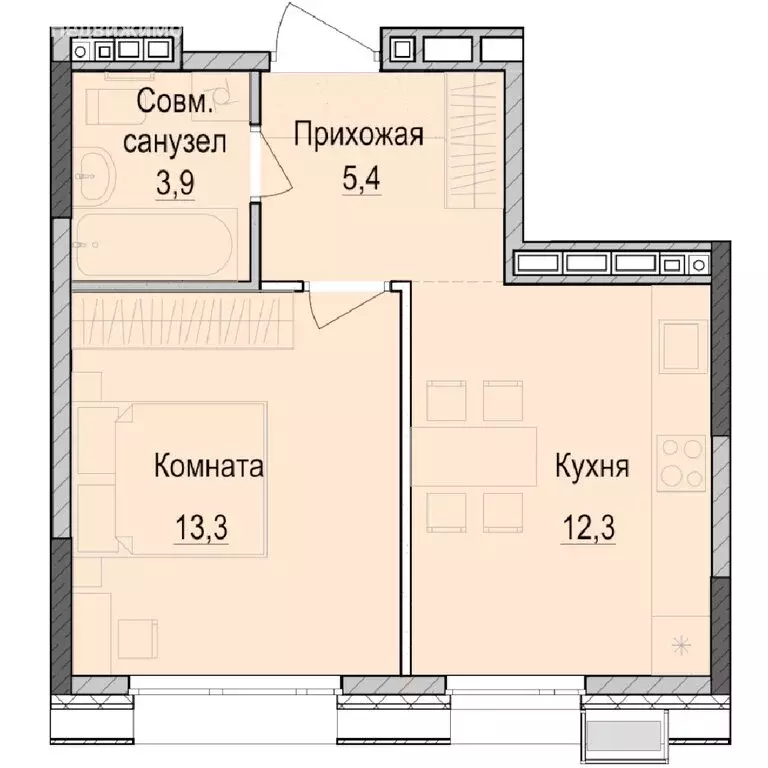 1-комнатная квартира: Казань, жилой комплекс Паркмаяк (34.8 м) - Фото 0