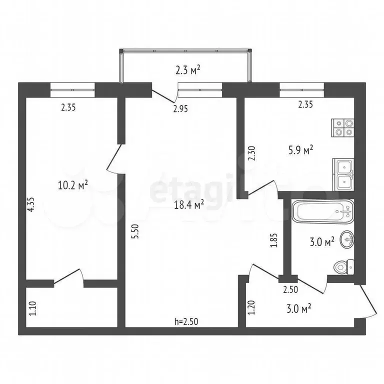 2-к. квартира, 43,4 м, 5/5 эт. - Фото 0