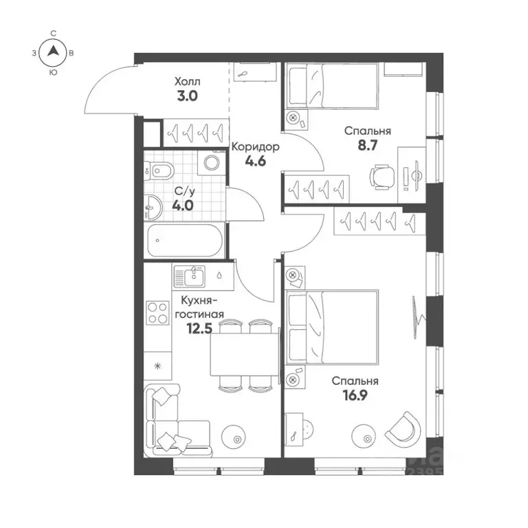 2-к кв. Москва 3-я Гражданская ул., 1 (49.7 м) - Фото 1