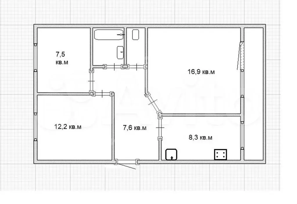 3-к. квартира, 57,4 м, 1/3 эт. - Фото 0