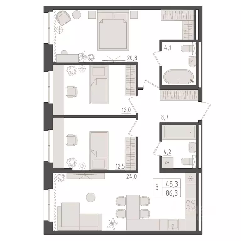 3-к кв. Башкортостан, Уфа 563-й кв-л,  (86.3 м) - Фото 1