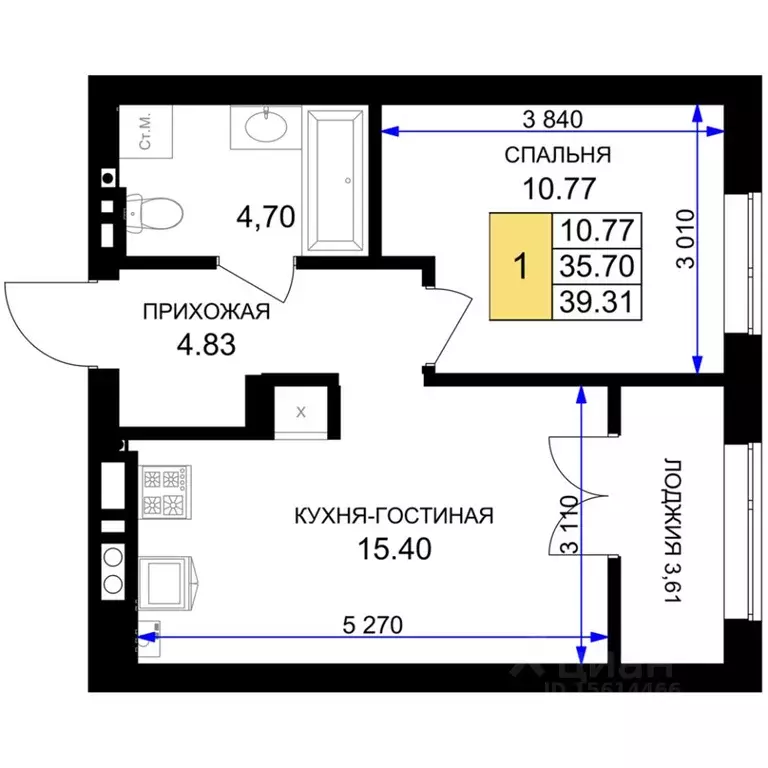 1-к кв. Калининградская область, Гурьевск Включи жилой комплекс (39.31 ... - Фото 0