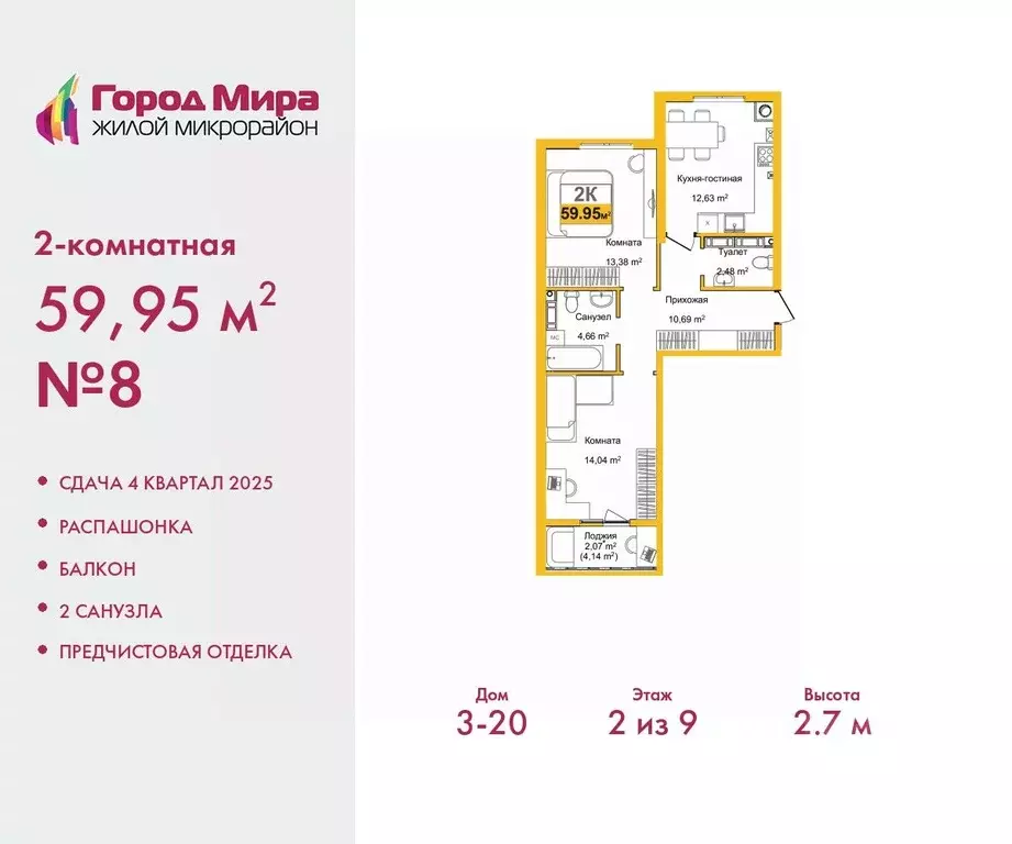 2-к кв. Крым, Симферополь Город Мира жилой комплекс (59.95 м) - Фото 0
