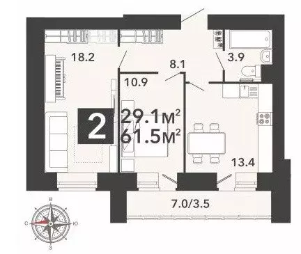 Продаётся 2-к квартира, 61.5 м - Фото 1