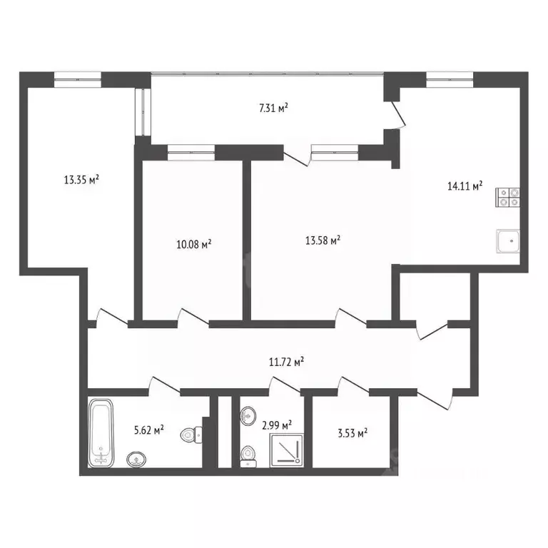 3-к кв. Тюменская область, Тюмень ул. Михаила Сперанского, 39 (74.3 м) - Фото 2