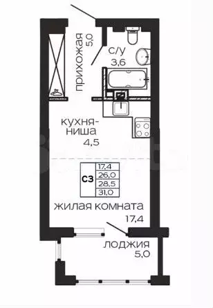 Квартира-студия, 31м, 3/17эт. - Фото 1