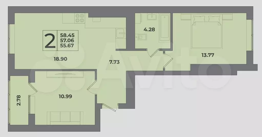 2-к. квартира, 59 м, 3/9 эт. - Фото 1