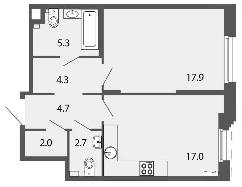 Квартира, 2 комнаты, 53 м - Фото 1