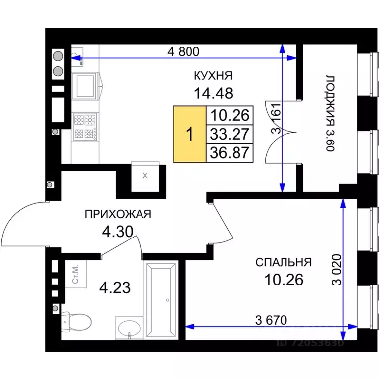 1-к кв. Калининградская область, Гурьевск Включи жилой комплекс (36.87 ... - Фото 0