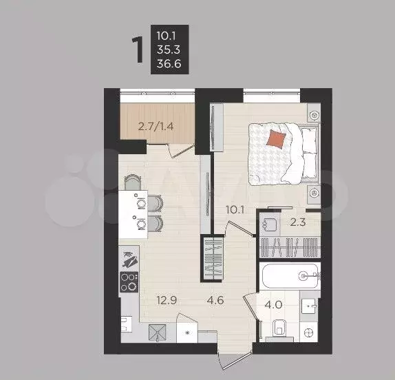 1-к. квартира, 35,3 м, 2/4 эт. - Фото 1