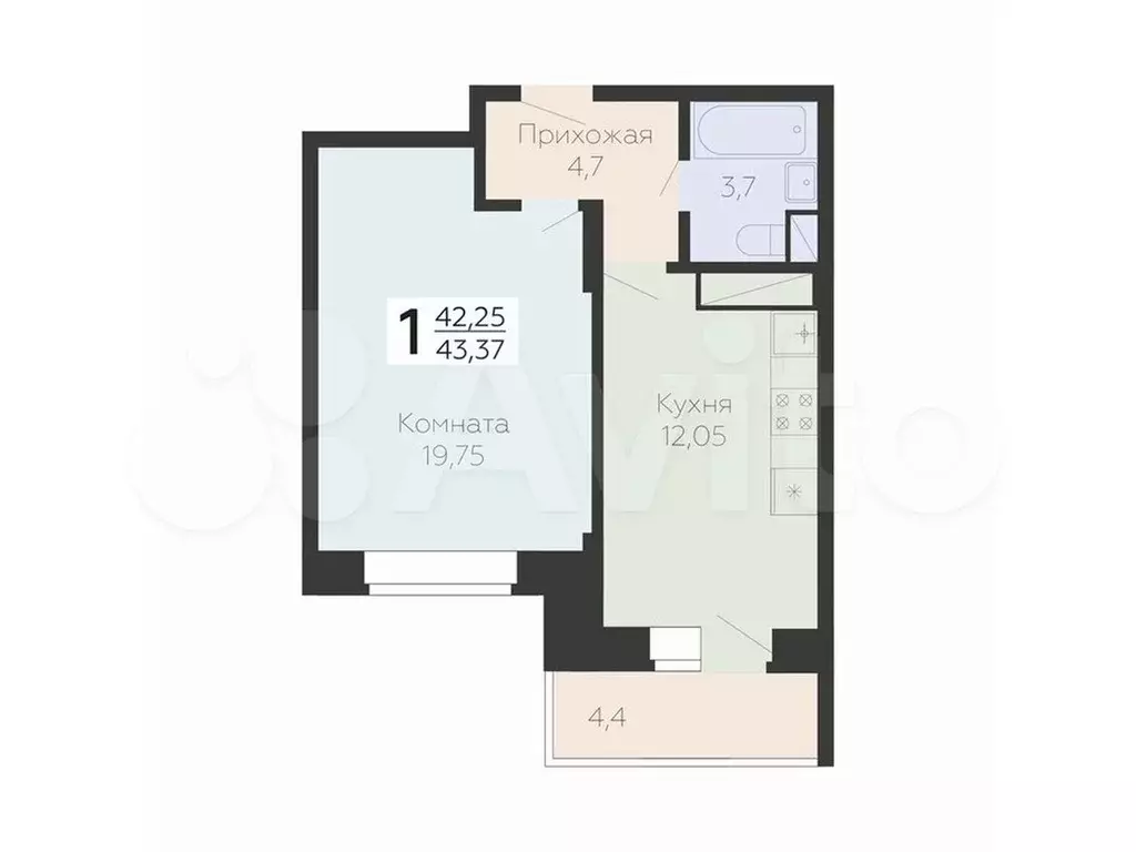 1-к. квартира, 43,4 м, 2/22 эт. - Фото 0