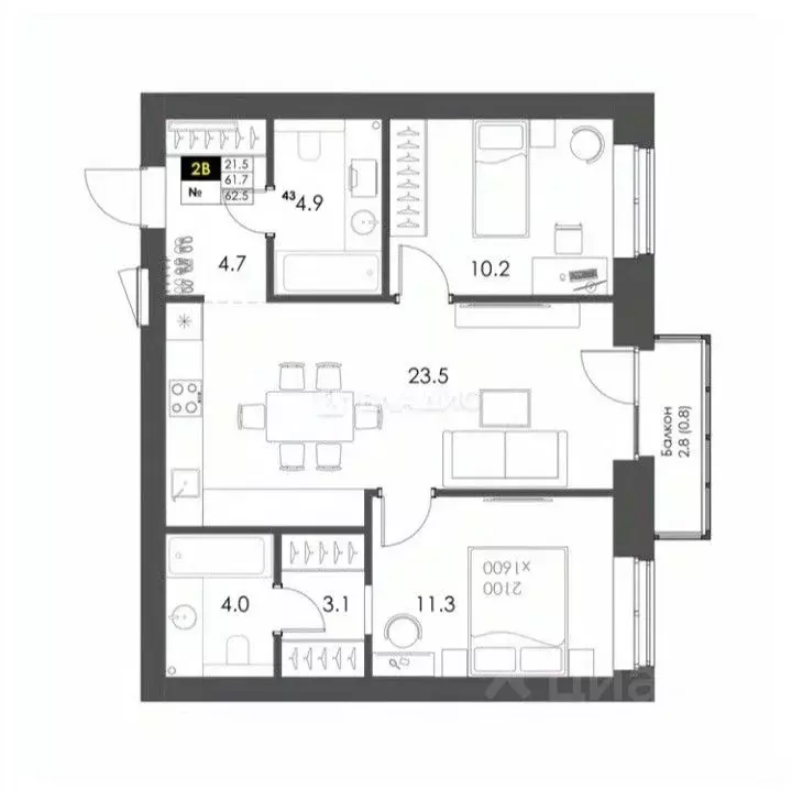 2-к кв. Вологодская область, Вологда ул. Спирина, 6 (62.5 м) - Фото 0