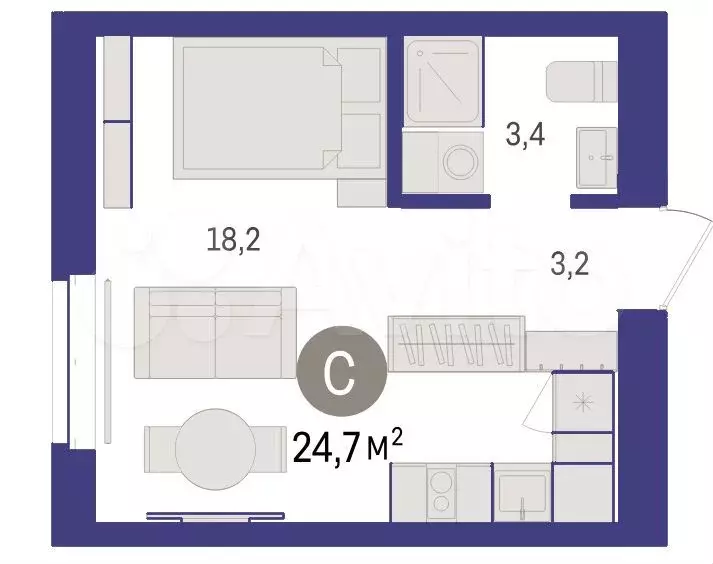 Квартира-студия, 24,7 м, 4/7 эт. - Фото 1