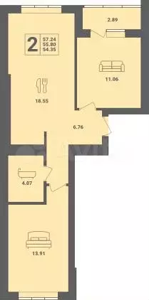 2-к. квартира, 55,8 м, 1/6 эт. - Фото 1