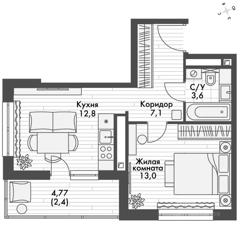 1-к кв. Татарстан, Зеленодольский район, Октябрьское с/пос, пос. ... - Фото 2